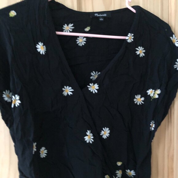 Madewell Short Sleeve Floral Cropped Wrap Blouse - Black w/ Daisies, Sz L - Picture 12 of 13